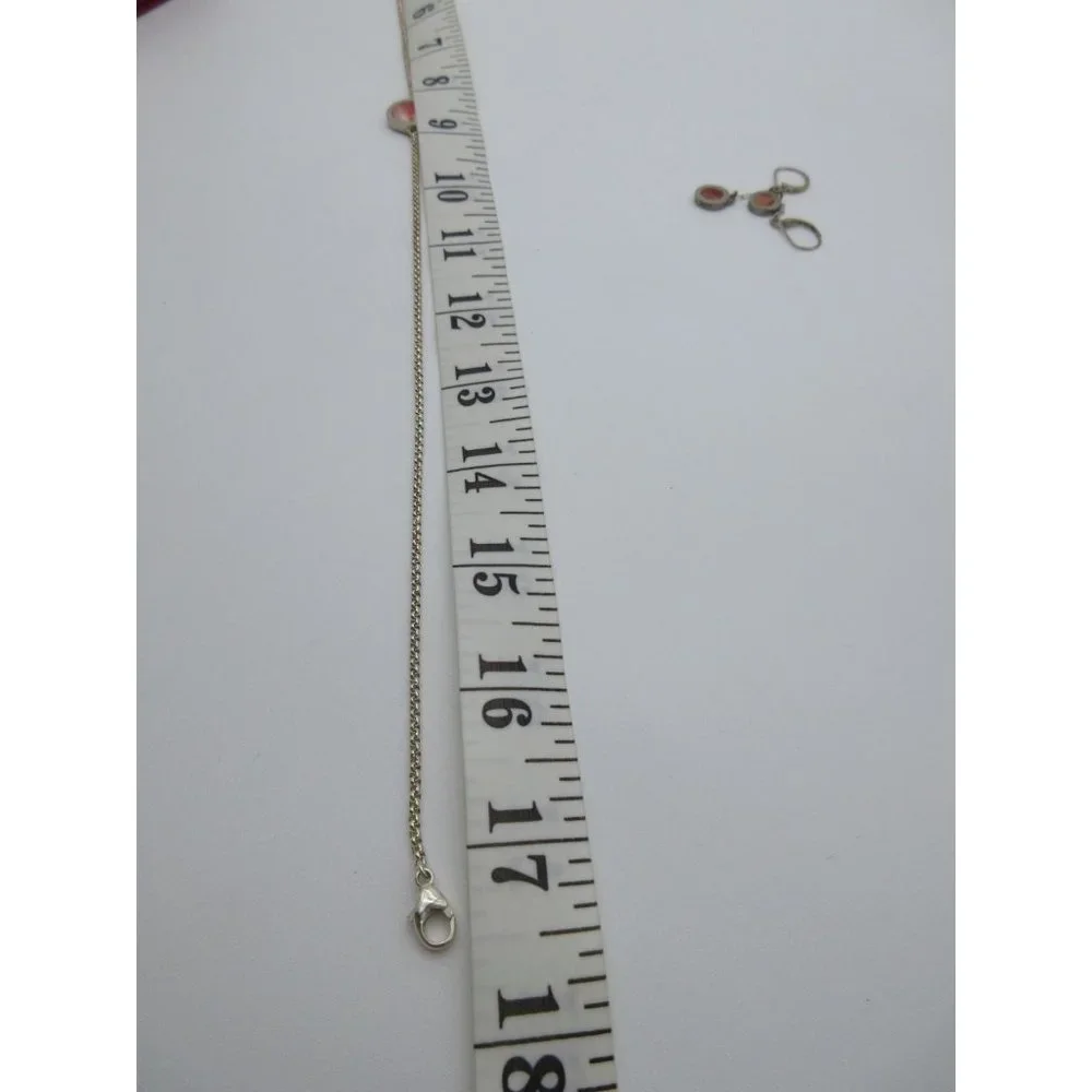 Silver Necklace and Earring Set with Coral Pink Inlay
